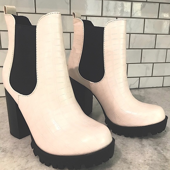 SHEIN Shoes - New SHE&IN Heeled White Black Lug Boots Faux Croc Leather Women’s Size 7